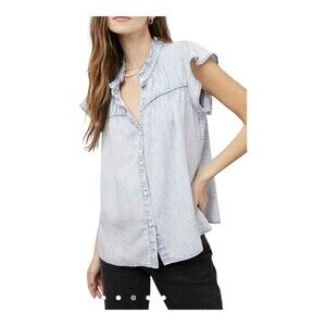 Rails Womens Medium LT Acid Wash‎ Ruthie Ruffle Denim Shirt Flutter Sleeve
